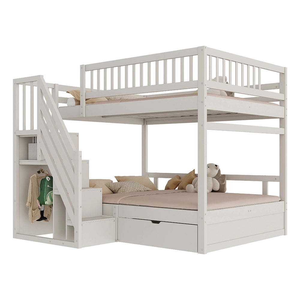 Letto a castello massiccio 140x200cm - Xylo - bianco, scala con ripiani, cassetti, EN747