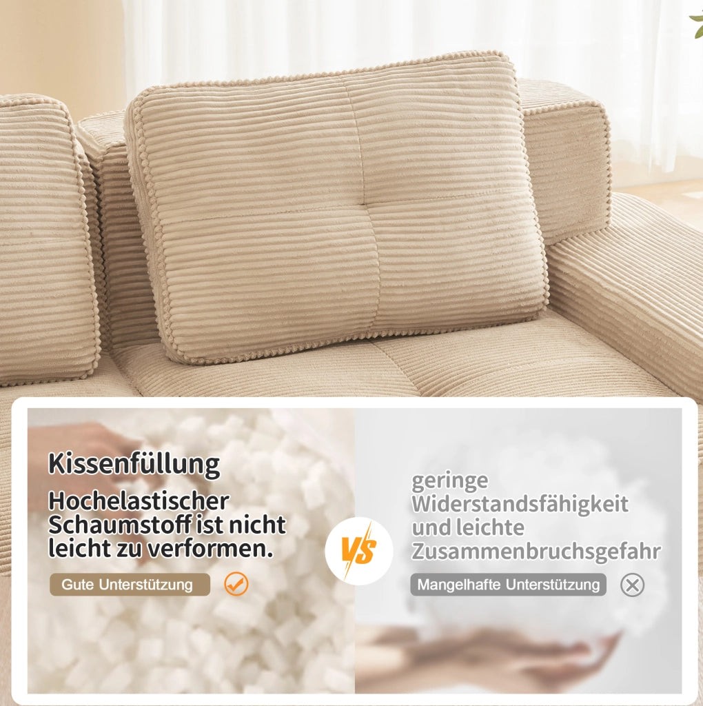 Divano modulare in velluto a coste beige; design boneless con seduta profonda e senza montaggio