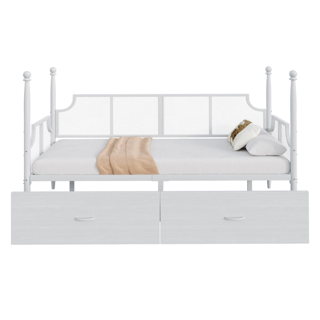 Letto a Divanetto 90x200 cm; Letto Singolo con 2 Cassetti - in Metallo - Bianco