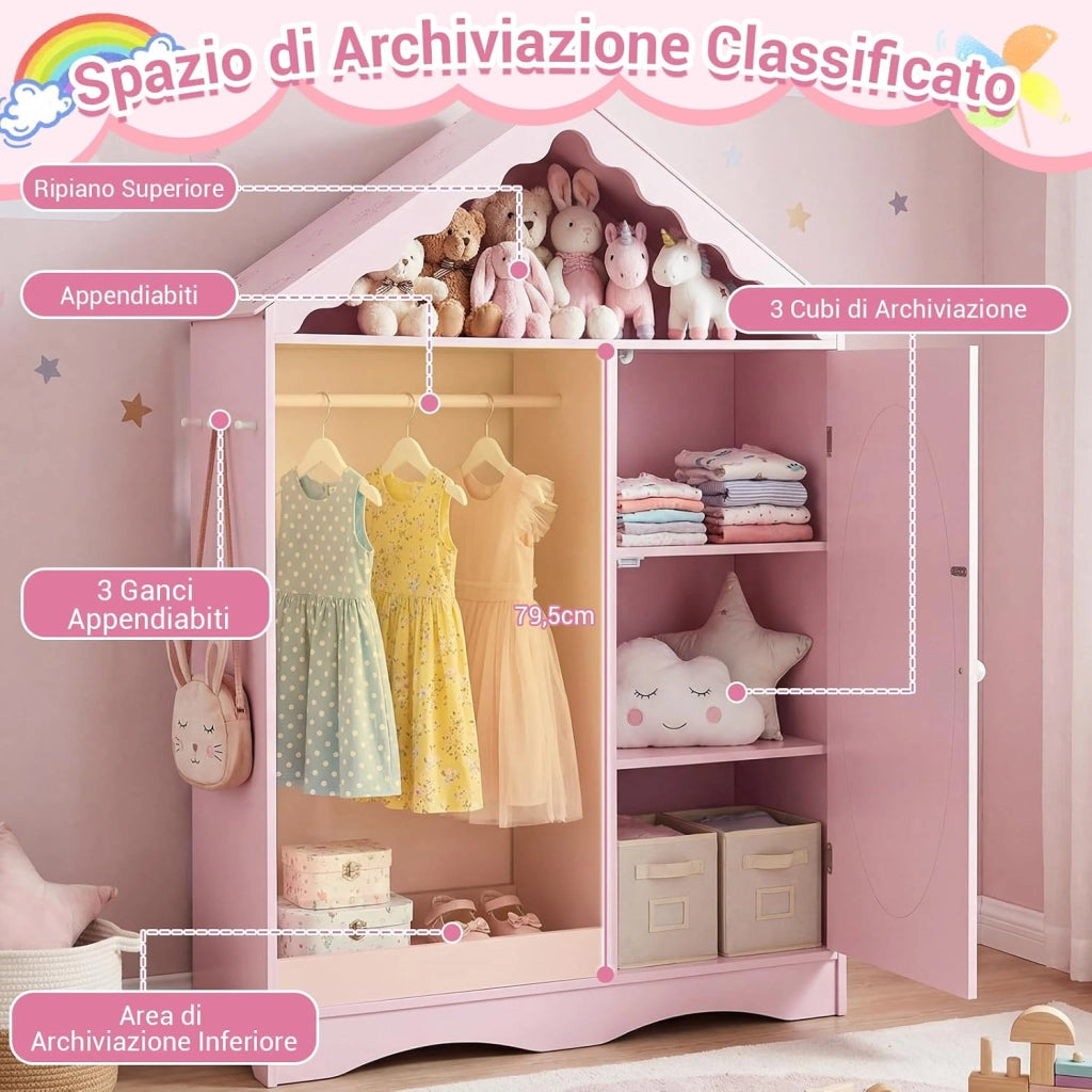Armadio con Specchio per Bambini, Guardaroba Coperto con Appendiabiti Aperto, Scaffali e Ganci, Armadio e Organizzatore di Costumi per Camera da Letto e Stanza dei Giochi (Rosa)
