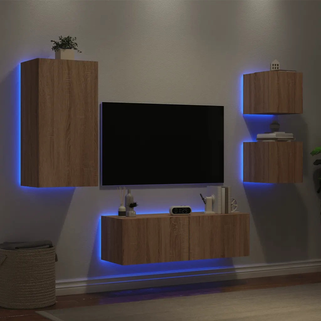 Mobili TV a Muro 4pz | Armadietto TV | Mobile Porta TV con Luci LED Rovere Sonoma