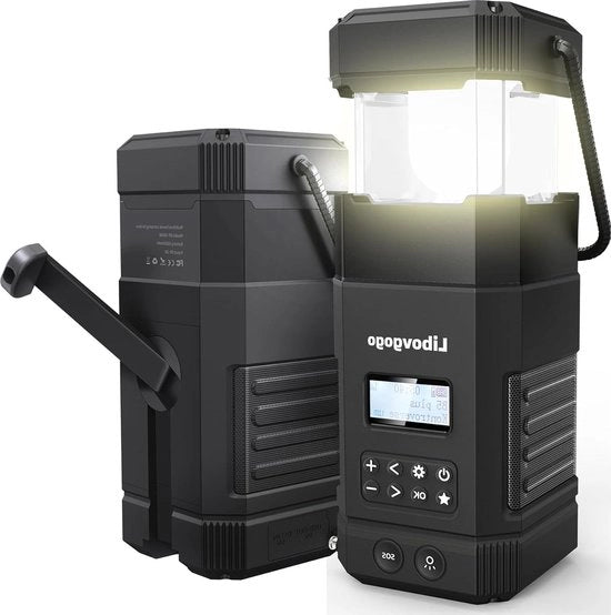 Radio DAB + con batteria 5000 mAh - 14 W - Stereo Bluetooth parlante IP65 - Lampada solare per campeggio con LED - Funzione ricarica per smartphone - 3 modalità di illuminazione per torcia con sveglia