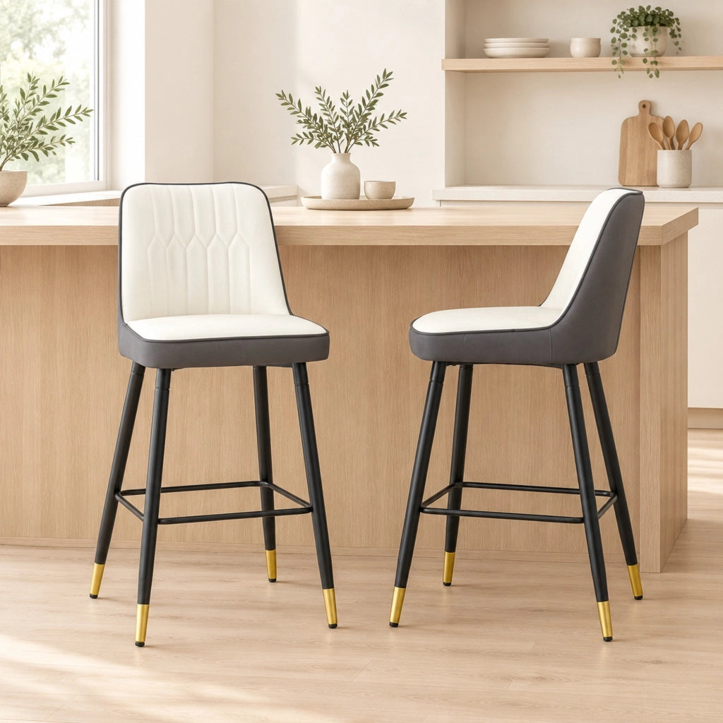 Set di 2 sgabelli da bar con schienale ergonomico in metallo e PU bianco e grigio scuro