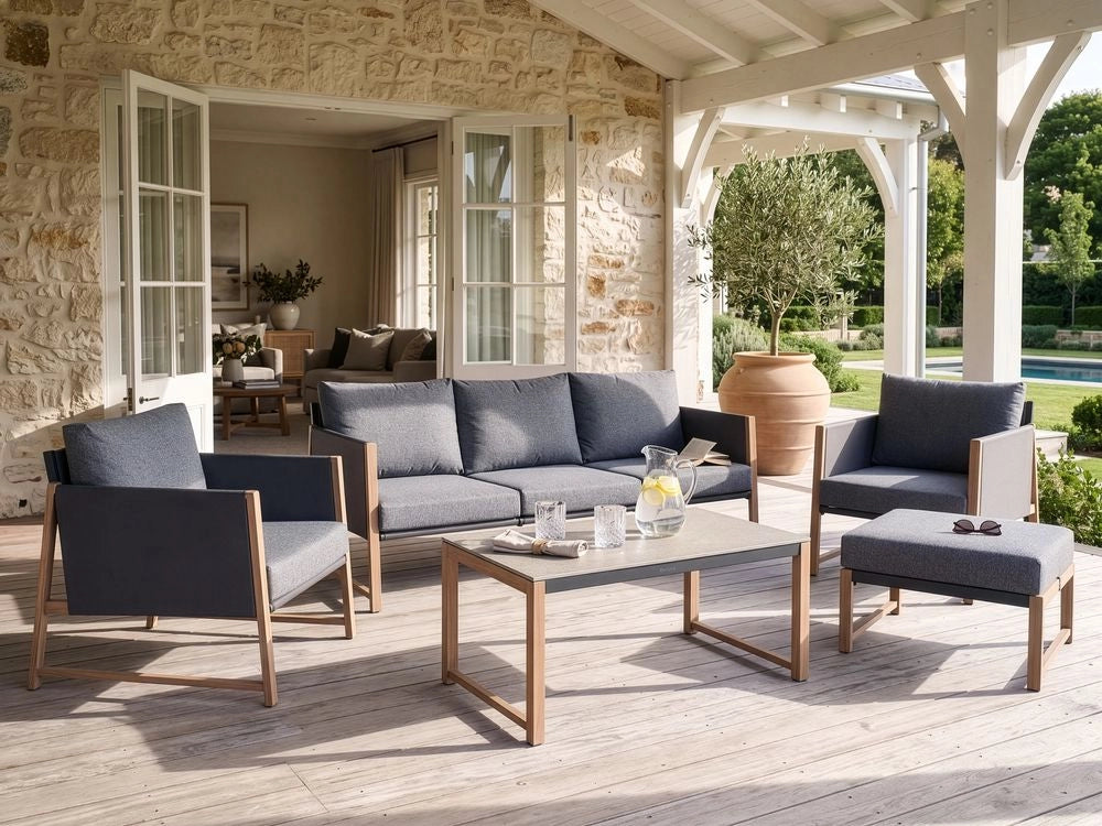 Set di divani da giardino a 5 posti Struttura in metallo grigio con finitura in legno Piano in vetro Divano a 3 posti Ottomano Poltrone