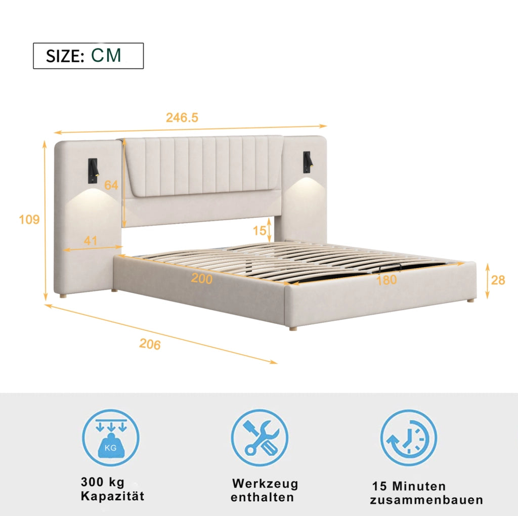 Letto matrimoniale imbottito 180x200 cm in velluto beige con testiera alta; lampade LED e USB