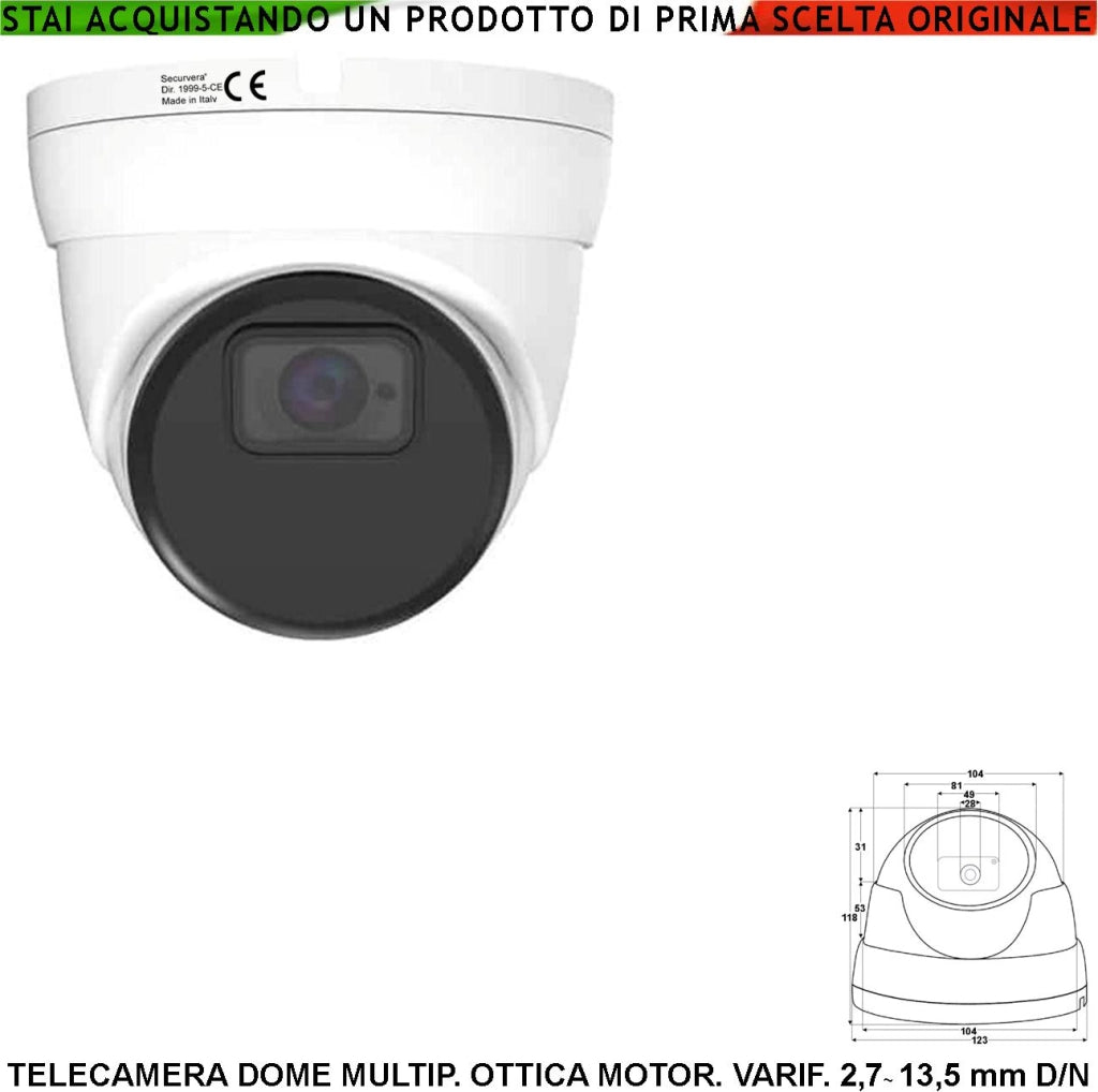 Dome Camera Multicontrollo 5MPX Night IP67 Ottica Varifocale 2,7~13,5 mm Day Luce Minima 0,05 Lux per Immagine a Colori Auto Shutter 4 LED IR Attivazione Automatica Illuminatore Notturno 40 Metri