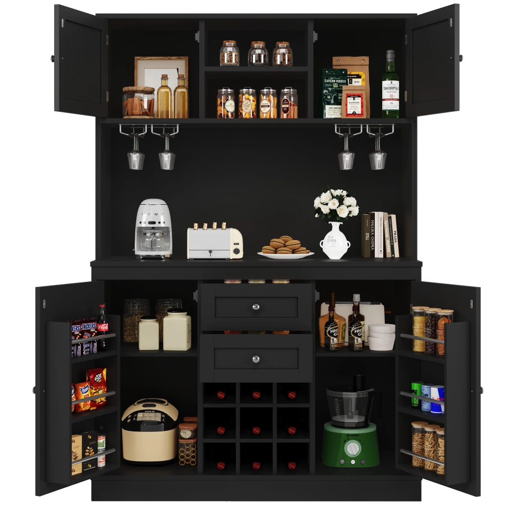 Credenza Cucina Alta con 4 Ante; 2 Cassetti; Ripiani Regolabili e Portabottiglie in MDF 120x40x188 cm Nero