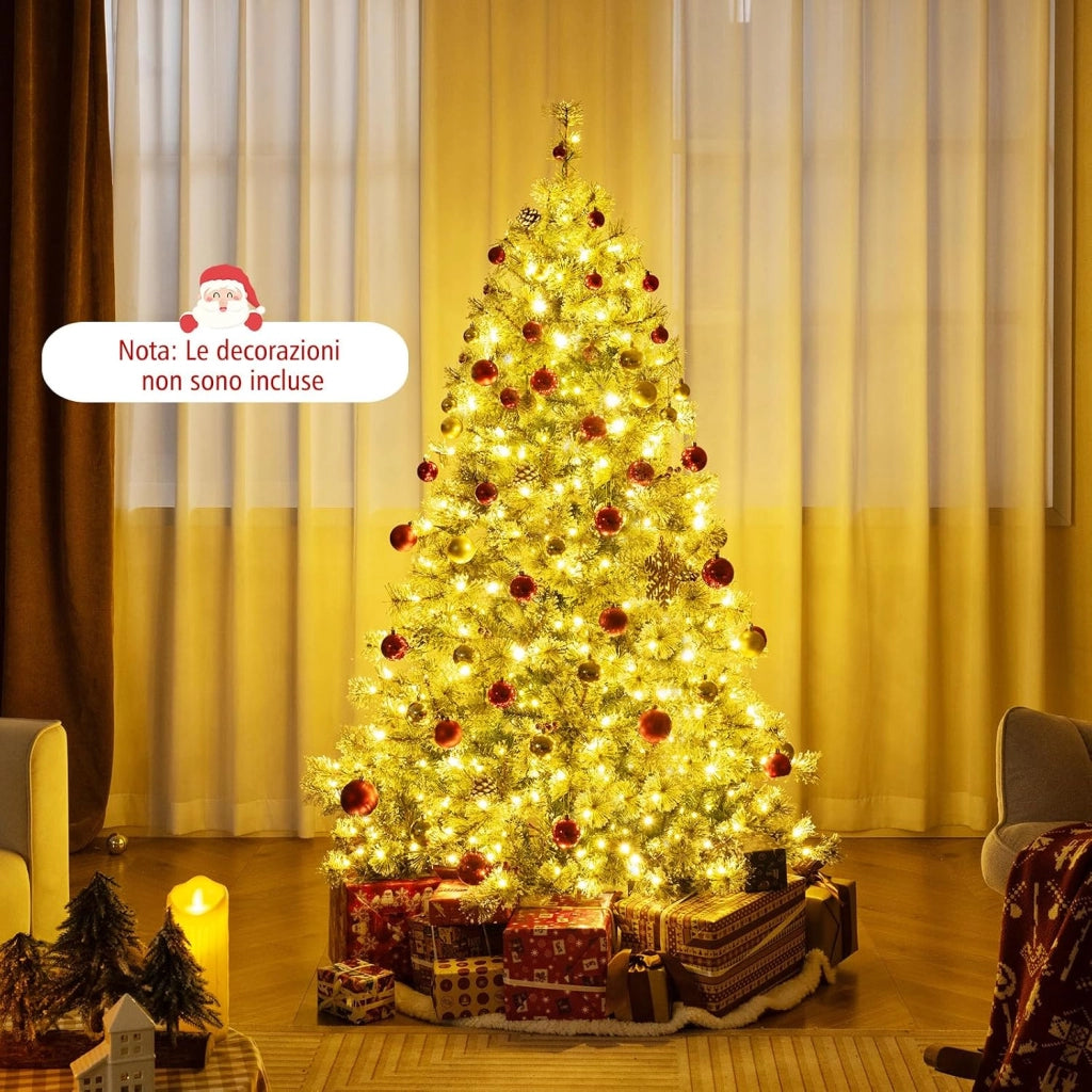 Albero di Natale Artificiale 180 CM, Albero di Natale Pre-Illuminato con 350 Luci LED Multicolore e Calde, 9 Modalità, 598 Punte di Pino, 42 Pigne e 42 Bacche Rosse