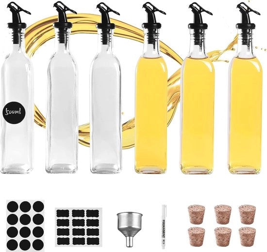 Set di oli d'oliva 6 x 500 ml con dispenser, 6 scatole di dono, 6 bicchieri, 3 etichette, 1 pennello lavabile, 1 set di contenitori automatici, flacone in vetro, adatto per olio d'oliva, flacone, flaconi per aromi, aceto e set di flaconi per oli