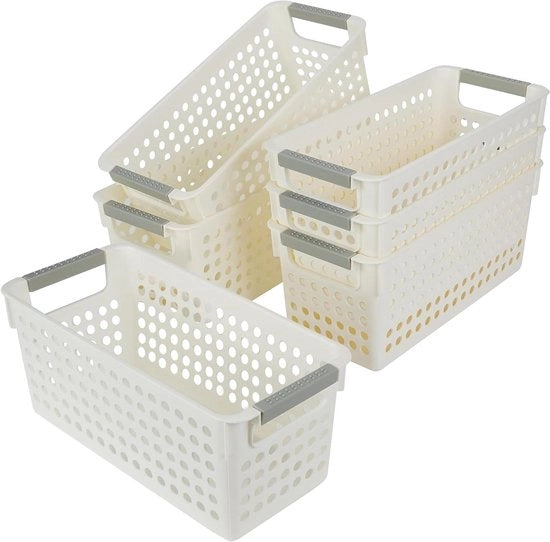 Set di Conservazione per 6 Contenitori - Bianco - Con Maniglie - 29 x 13,5 x 12,3 cm - Scatole di Organizzazione - Cucina Armadio Bagno Camera da Letto