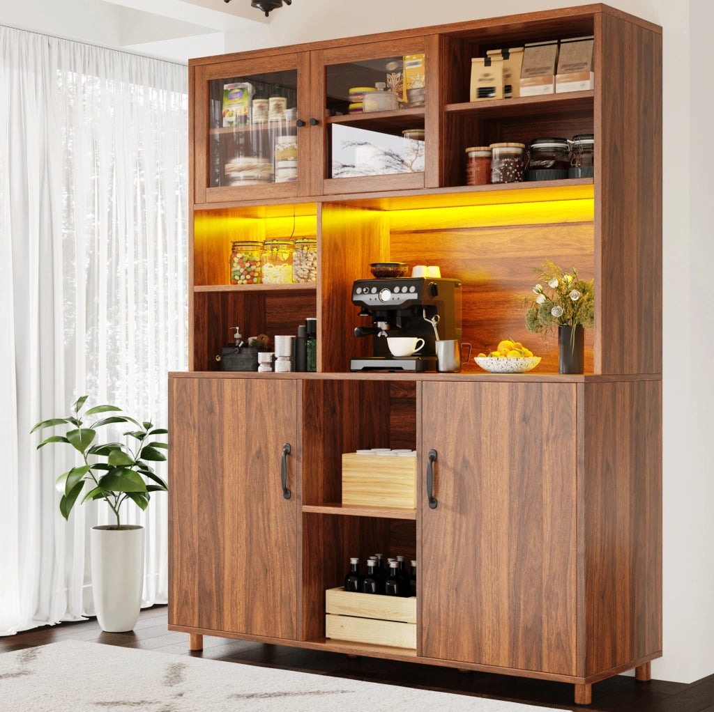 Credenza alta 140x40x185 cm con luci LED e ante scorrevoli in vetro; MDF; marrone noce