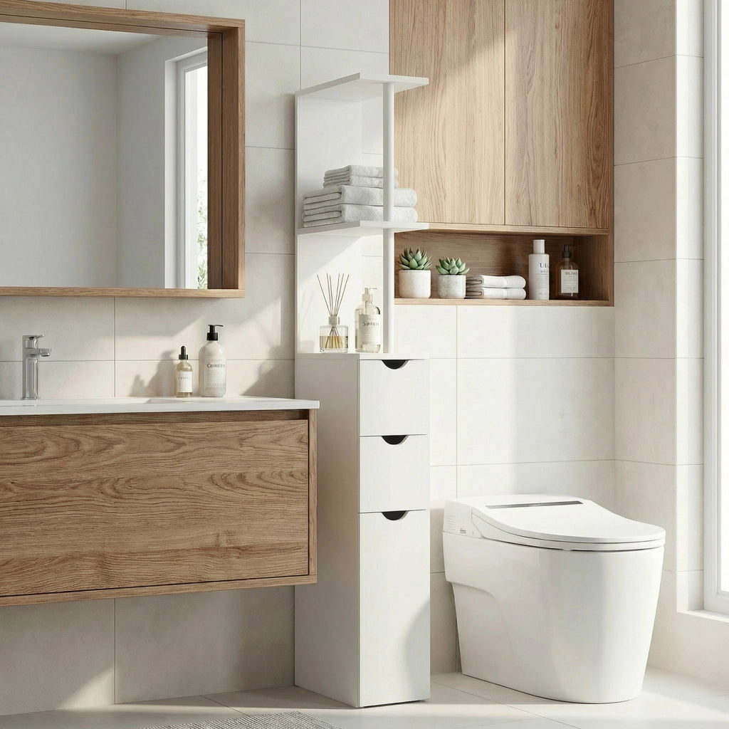 Mobile colonna bagno con cassetto e ripiani ¨C zephmum ¨C 15x33x136.8 cm bianco