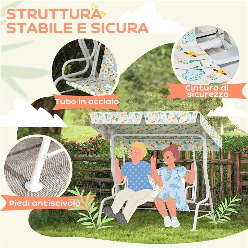 DONDOLO PER BAMBINI DA ESTERNO A 2 POSTI CON TETTUCCIO REGOLABILE E CINTURE DI SICUREZZA 112X75X120 CM BIANCO