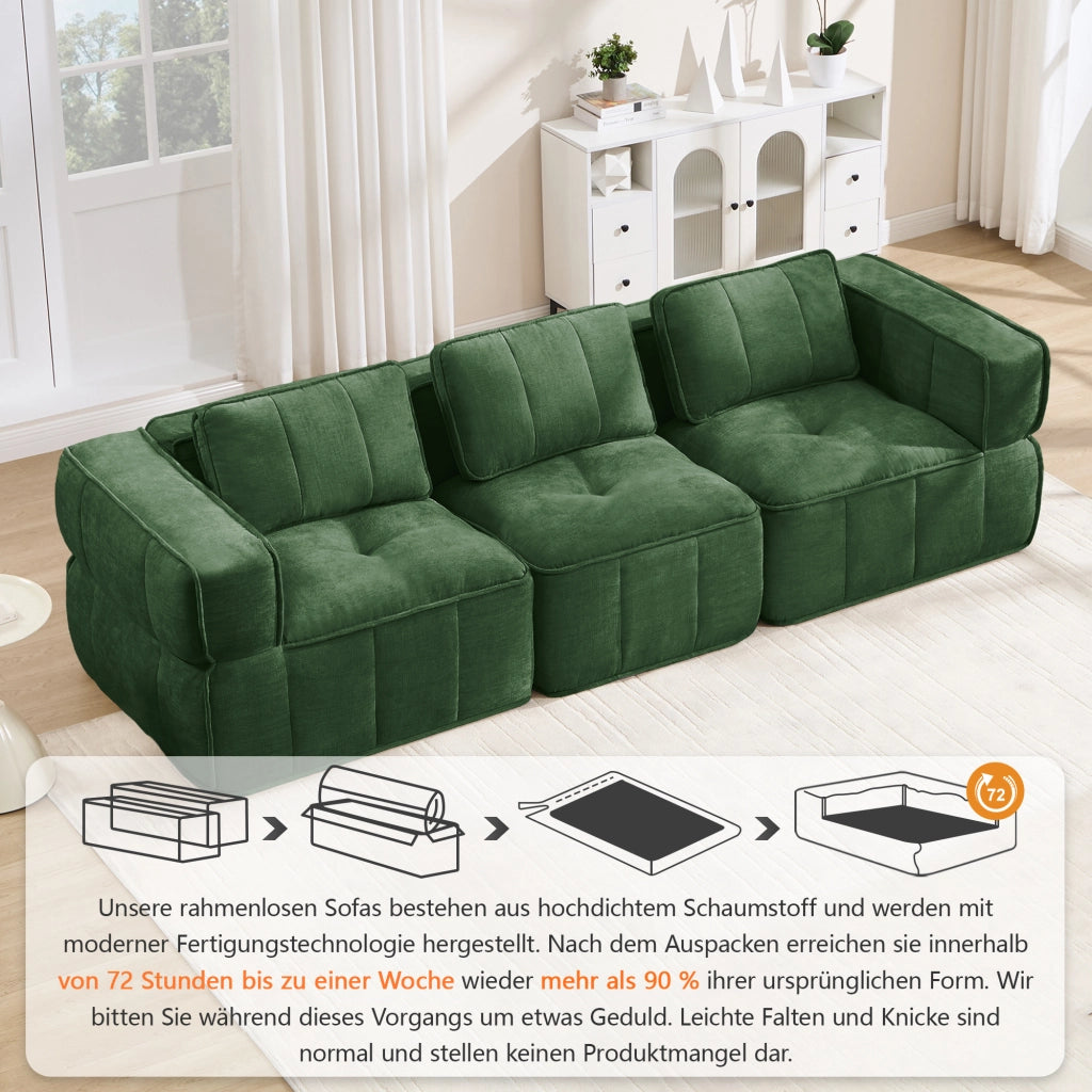 Divano modulare a 3 posti in poliestere con seduta profonda e base antiscivolo, verde 271 × 93 × 67 cm