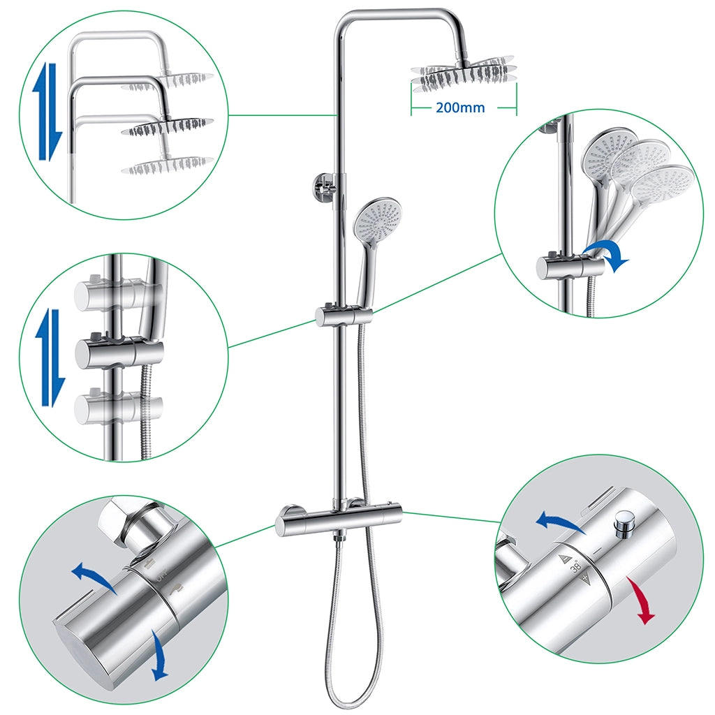 AICA ITALY Sistema Doccia con Miscelatore Termostatico a 38℃ e Doccetta Rotonda Altezza Regolabile 72-120cm Cromo
