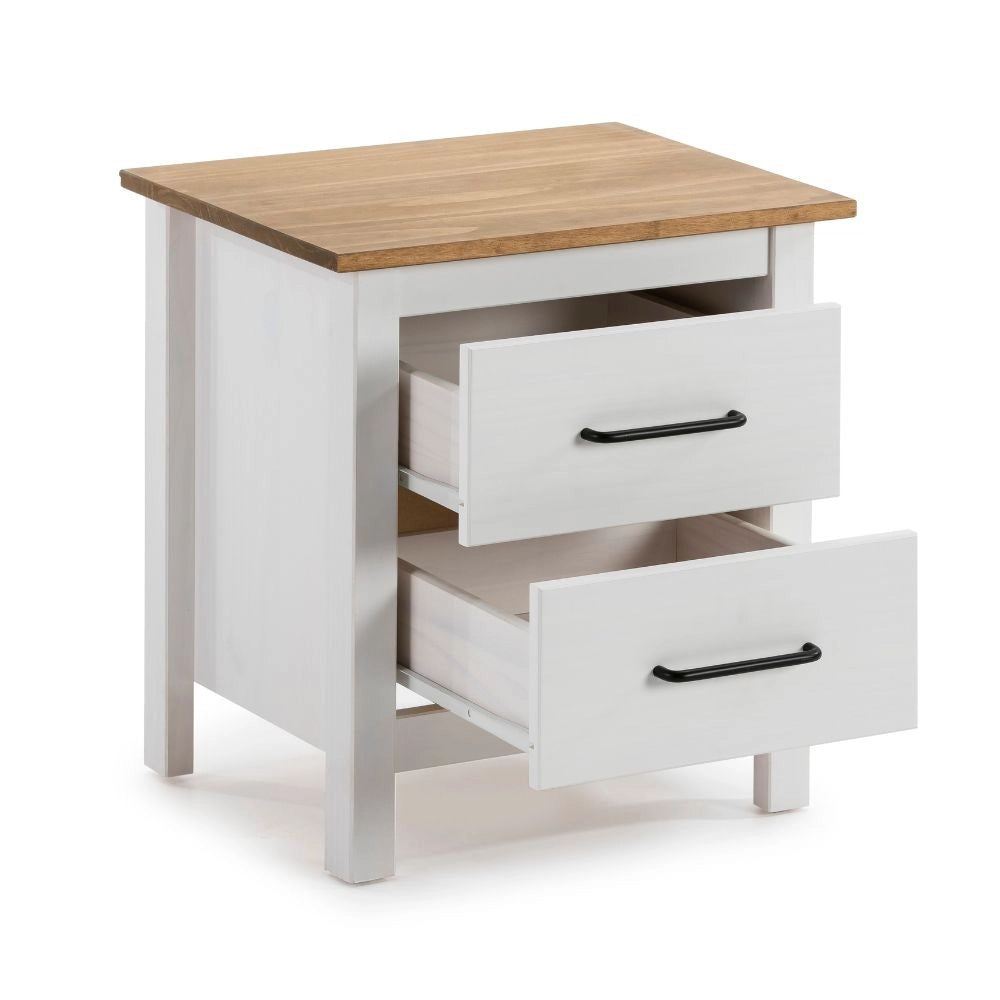 Comodino Miranda bianco con top pino e 2 cassetti in legno massiccio