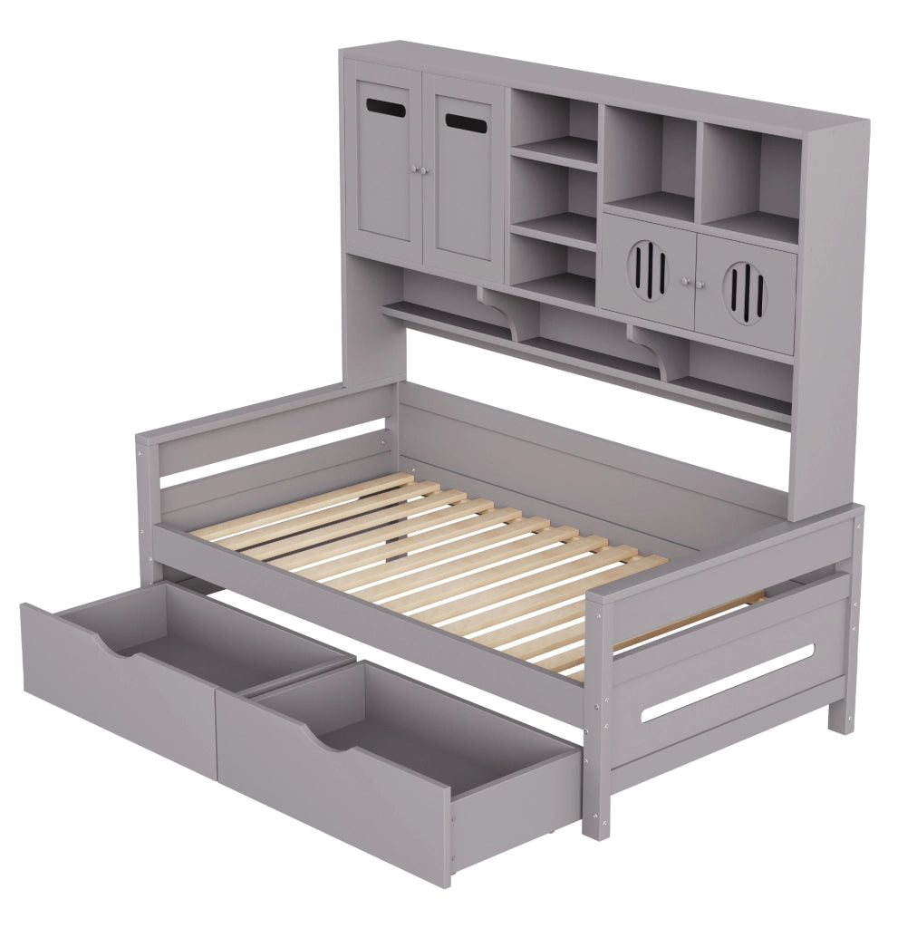 Letto singolo multifunzione 90x200 cm in legno di pino; con spazio contenitore e cassetti; grigio