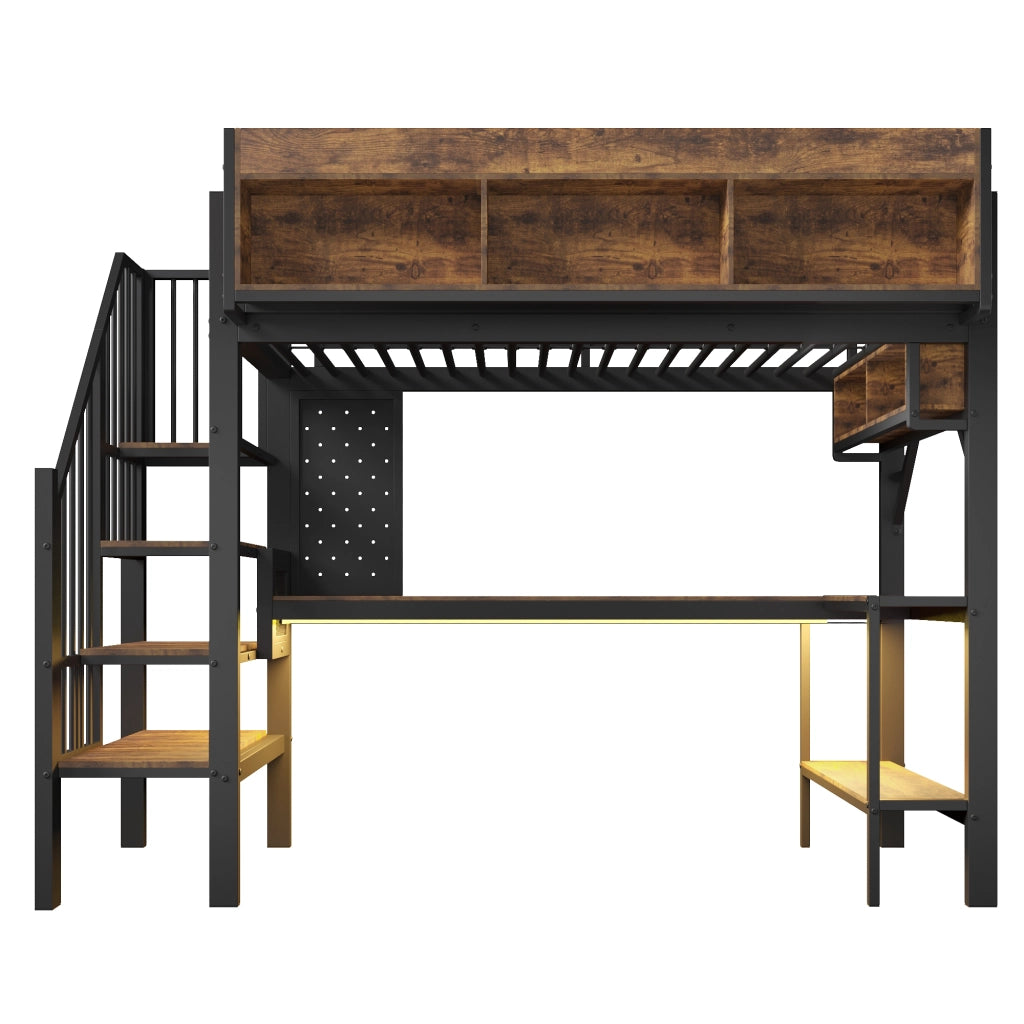 Letto a soppalco 90x200 cm, con scrivania ad angolo, porta USB/Type-C, lampada a LED, nero e marrone