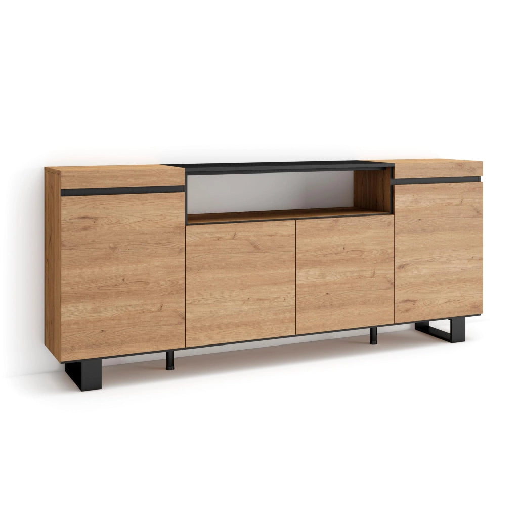 Credenza, Mobile, 200x35x87cm, 4 Porte, Design industriale, colore Rovere e nero RF2281