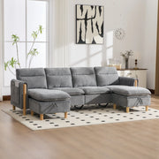 Divano angolare convertibile 4 posti con contenitore e tasche laterali in Chenille grigio chiaro