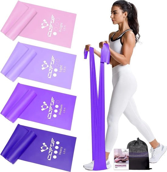 Set di 4 cinture di resistenza per fitness, con 4 livelli di resistenza, cintura di ginnastica, cintura di resistenza con borsa e manuale di allenamento, ideale per yoga, pilates, allenamento di forza, fisioterapia