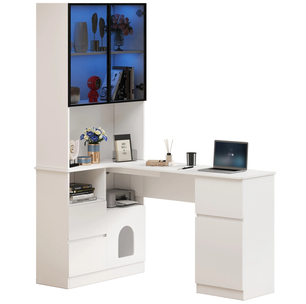 Scrivania angolare con libreria, vetrina LED e vano animali