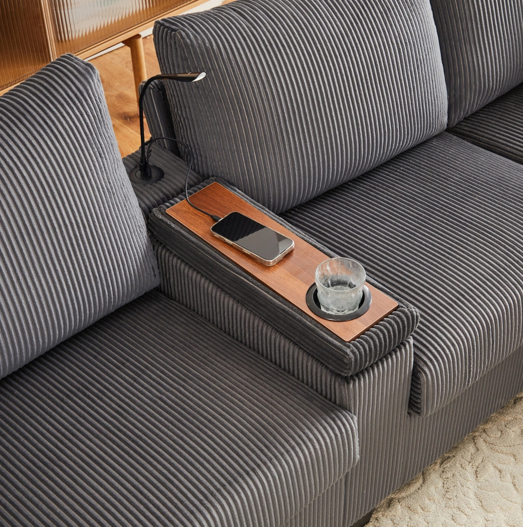 Divano a U in velluto a coste grigio con 2 pouf contenitore; LED; USB e Type-C HOMVRA
