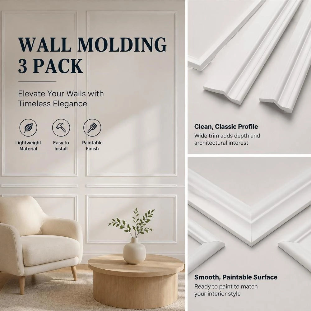 Wall Molding 3 Pack, Wainscoting Panels Kit, Lightweight Paintable Polystyrene, Easy To Install, Waterproof Accent Wide Profile Trim For Interior Living Room, Bedroom,White (24x54 + 24x24 In)