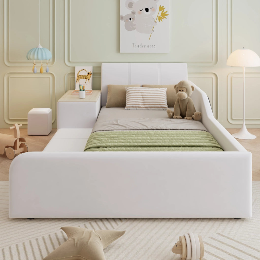 Letto imbottito per bambini con scrivania; sgabello e ripiano; velluto bianco; 90x200 cm; senza materasso