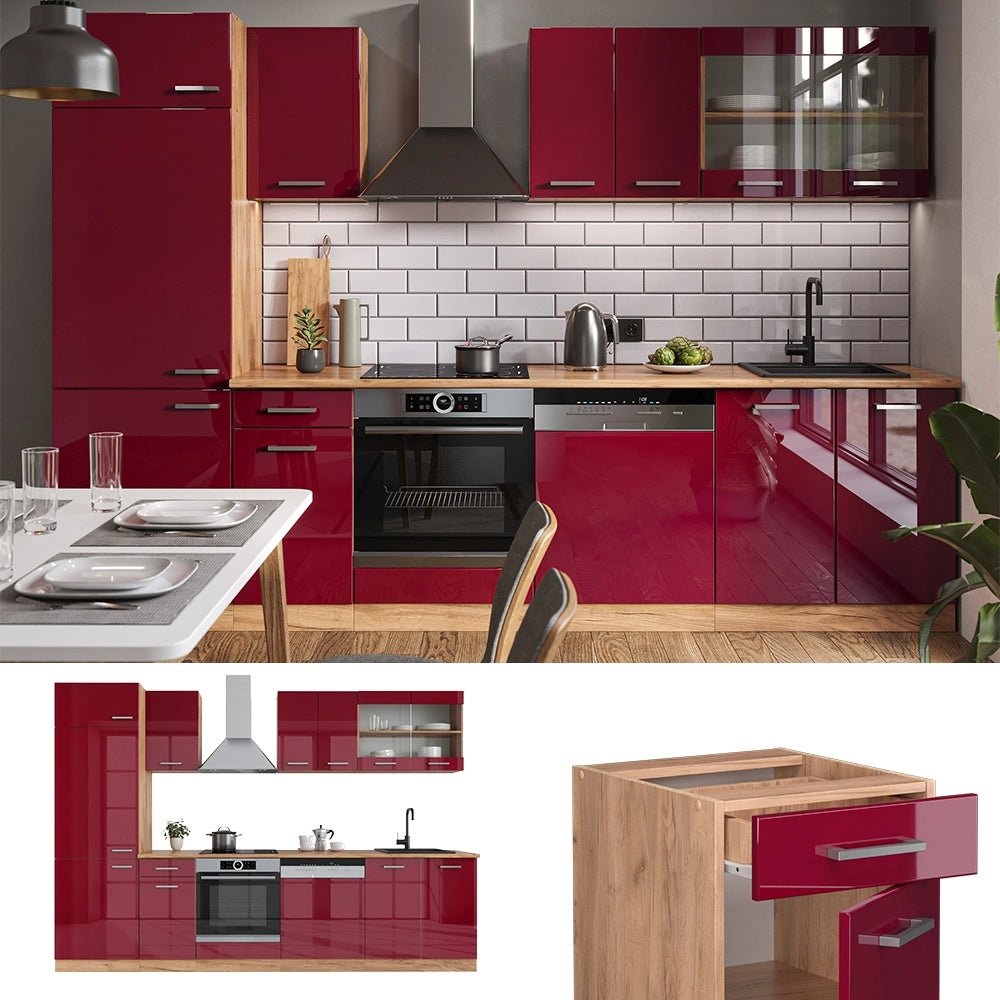 Cucina componibile R-Line Rosso lucido/Rovere dorato 300 cm, PL Marmo Vicco