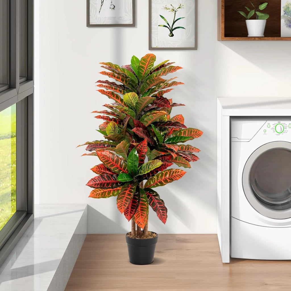 Pianta artificiale di Crotone, albero di imitazione con foglie lussureggianti colorate e vaso pieno di cemento, albero falso tropicale con tronco naturale, per decorazione casa, ufficio, hotel