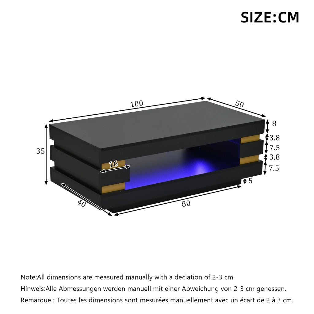 Tavolino lucido, 100 x 50 x 35 cm, design traforato, luci a LED, pannello truciolare, nero