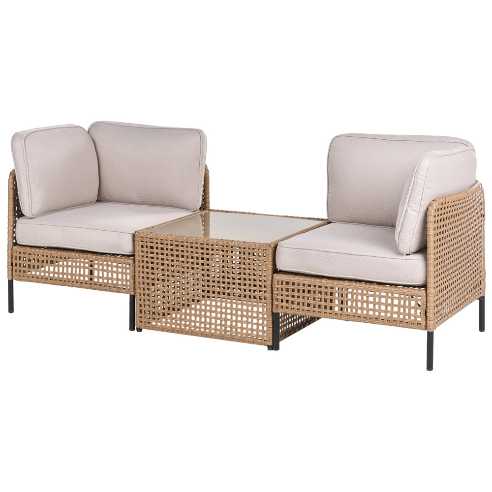 Divano da esterno con tavolino in rattan PE beige chiaro a 2 posti con struttura in metallo cuscini per seduta e schienale piano in vetro stile moderno