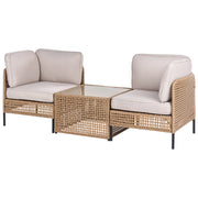 Divano da esterno con tavolino in rattan PE beige chiaro a 2 posti con struttura in metallo cuscini per seduta e schienale piano in vetro stile moderno
