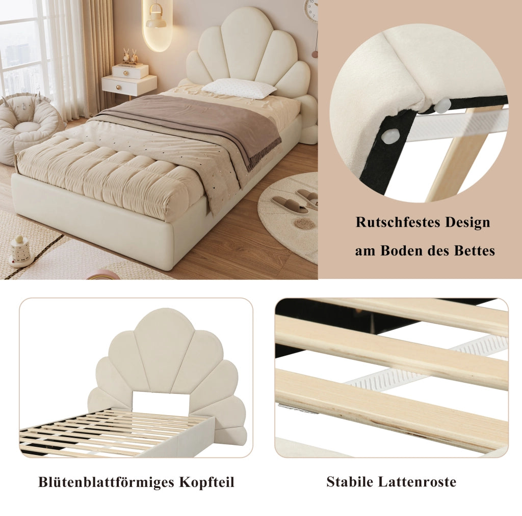 Letto imbottito singolo beige con testiera a petali, 90 x 200 cm