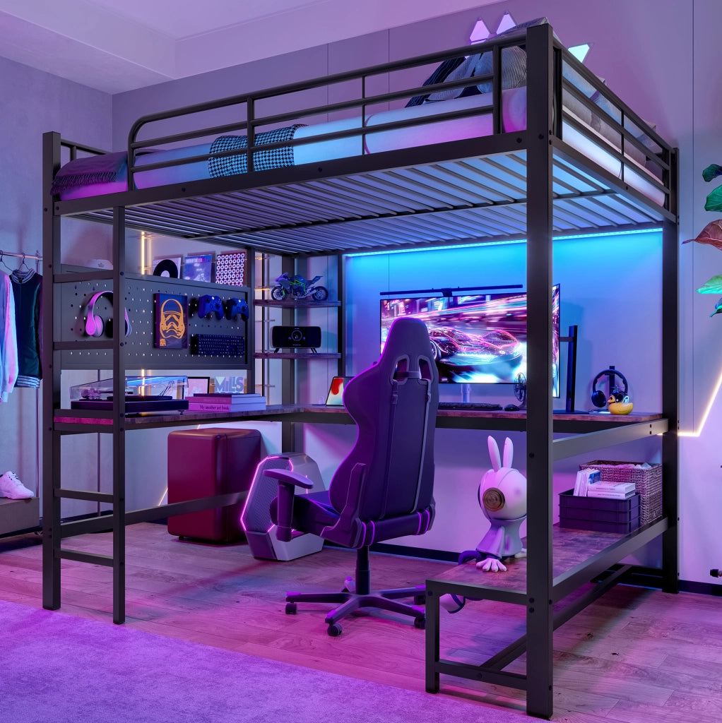 Letto a soppalco 140 x 200 cm nero con scrivania, LED e USB-C