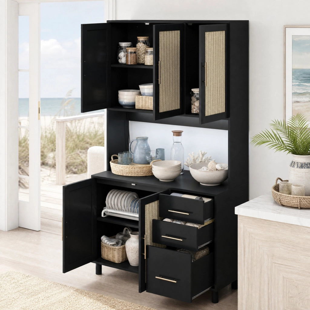 Credenza da cucina in MDF con illuminazione LED, 3 cassetti, prese USB e ripiani regolabili
