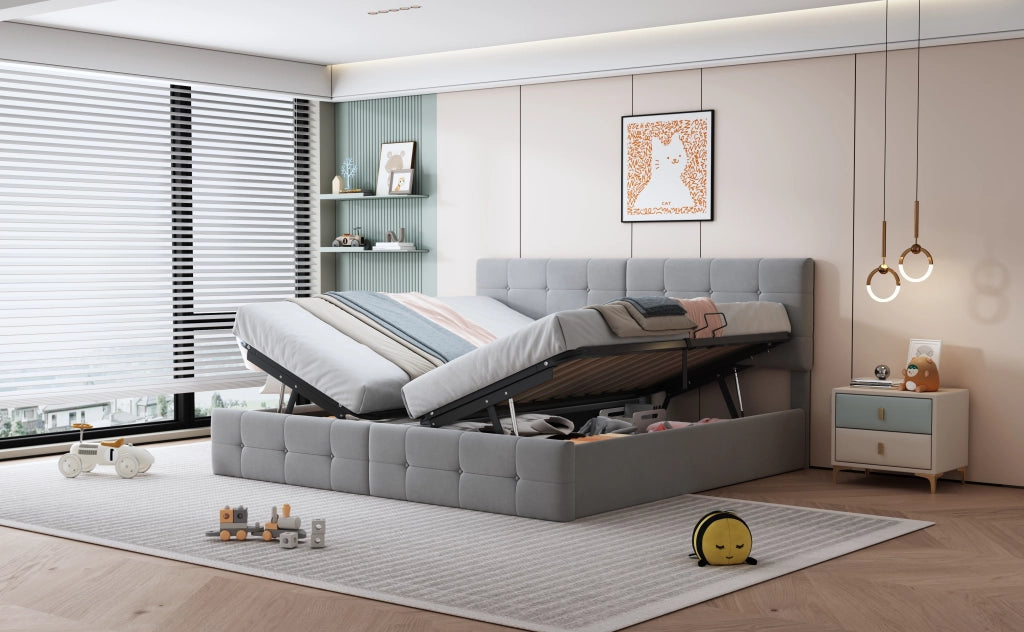 Letto matrimoniale – 180x200 cm – idraulico contenitore multiuso – velluto grigio