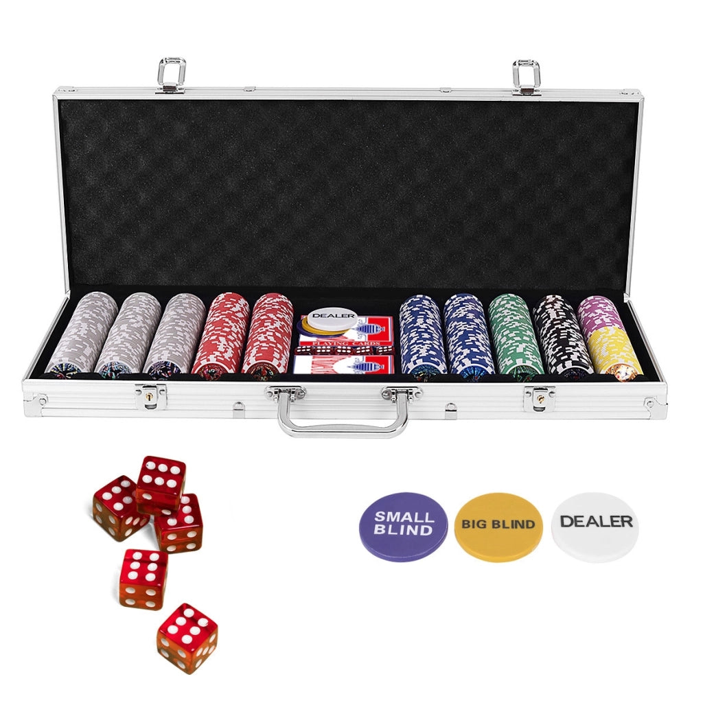 Set con 500 fiches di poker per Texas Holdem Blackjack e gioco d¡¯azzardo, Set con custodia in alluminio Argento-Fiche e set da poker