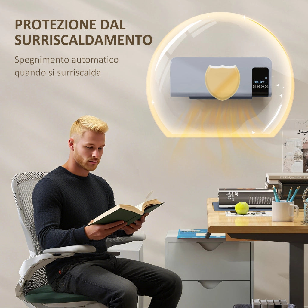 Termoventilatore da Parete Oscillante 54,5x12x21,5 cm 2 Modalità Timer 12h e Telecomando Grigio