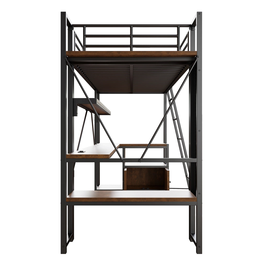 Letto a soppalco singolo 90×200 cm con LED; scrivania; ripiani e USB; senza materasso; metallo; nero