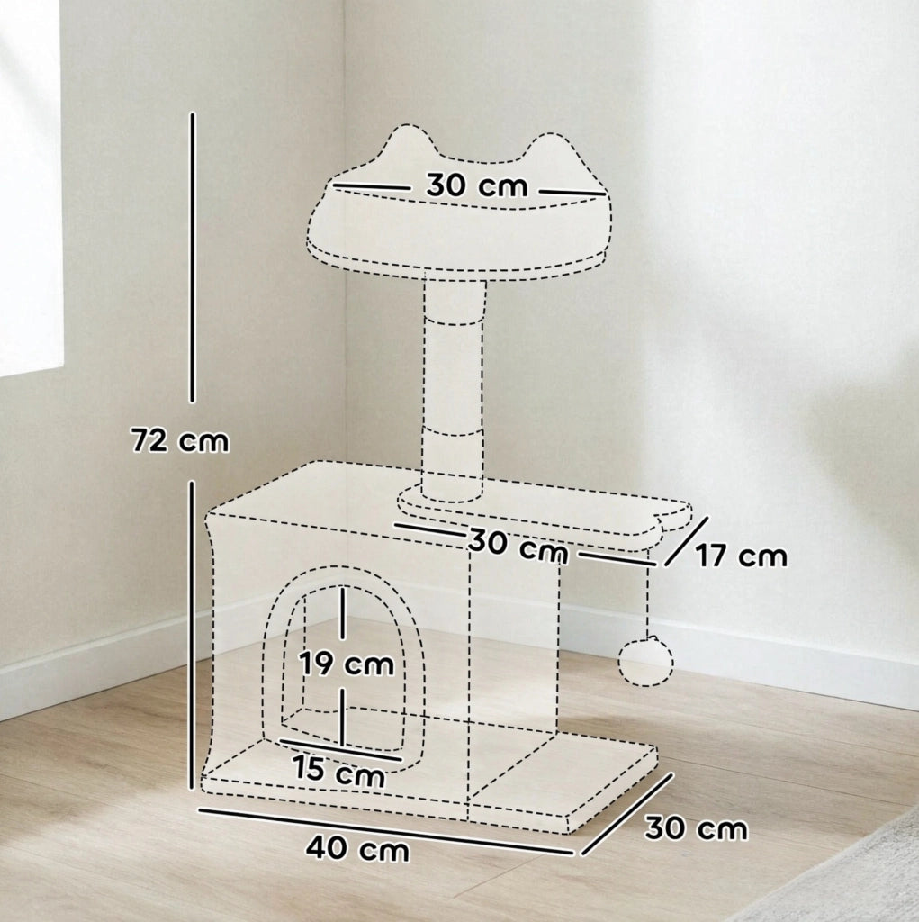 ALBERO PER GATTI 40x30x72 cm con Cuccia, Piattaforma a Pesce e Palo in Sisal