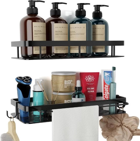 Organizzatore per doccia senza fori, 2 pezzi, organizzatore per la doccia, maniglia per doccia, organizzatore in plastica nera con appendiasciuga e gancio rimovibile, supporto per lo shampoo per la doccia