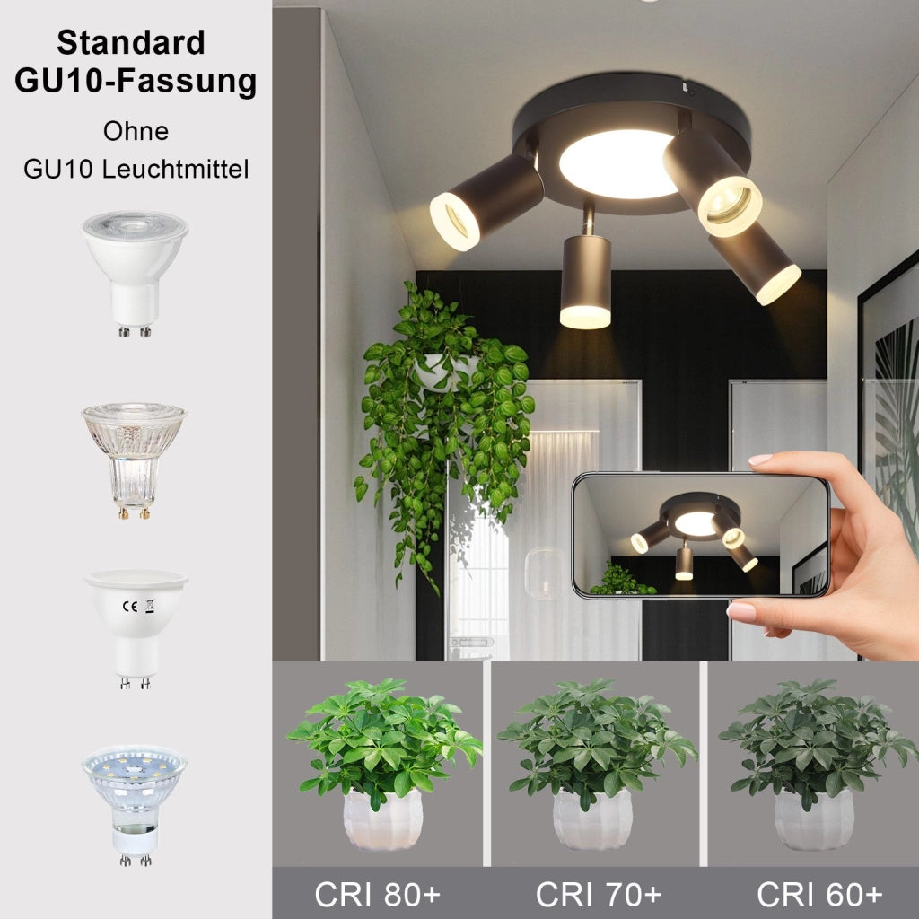 ZMH Faretto da soffitto 4 lampadine GU10 20W camera 3000k nero Girevole Orientabile metallo 350°