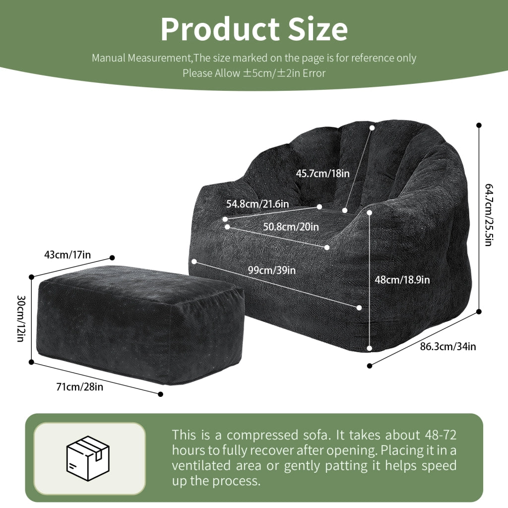 Poltrona relax con pouf abbinato in flannelette nera, design a petalo