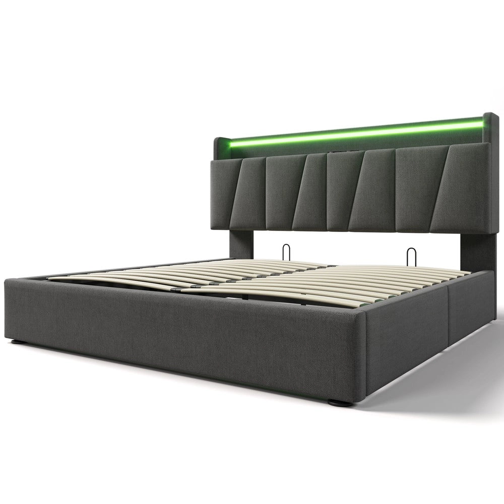 Letto Imbottito Contenitore 140x200 ¨C MINIMAL ¨C Grigio, LED, USB, Doghe in Legno
