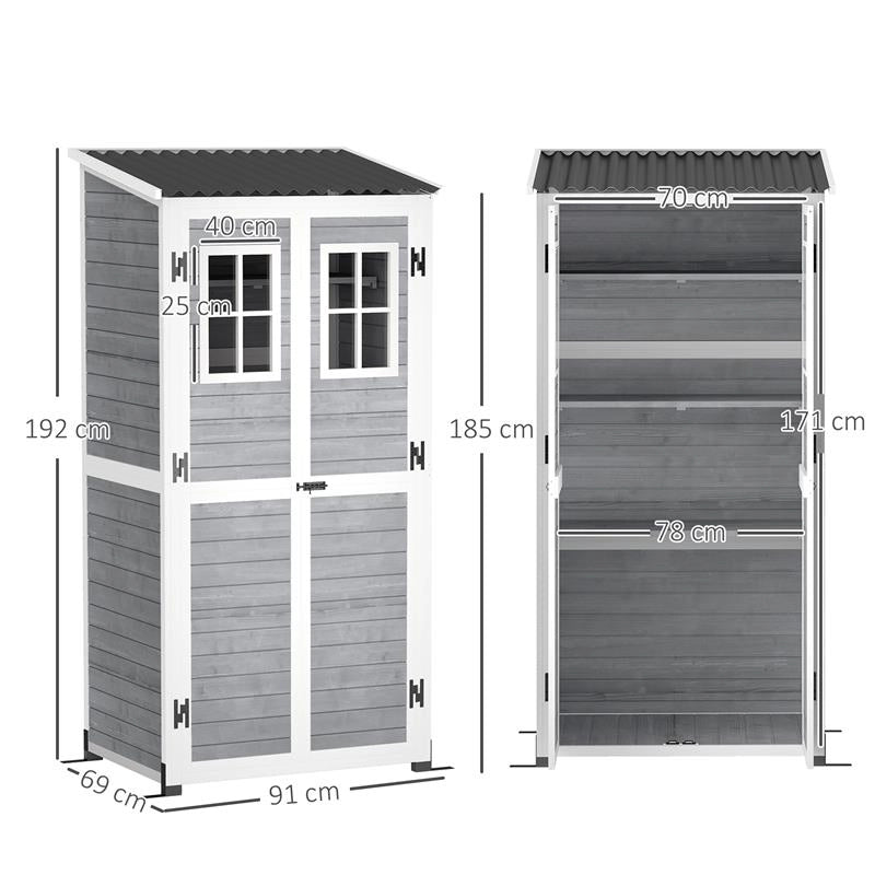 CASETTA DA GIARDINO IN LEGNO CON RIPIANI REGOLABILI DUE PORTE CON BLOCCO E FINESTRE 91X69X185/192 CM GRIGIO