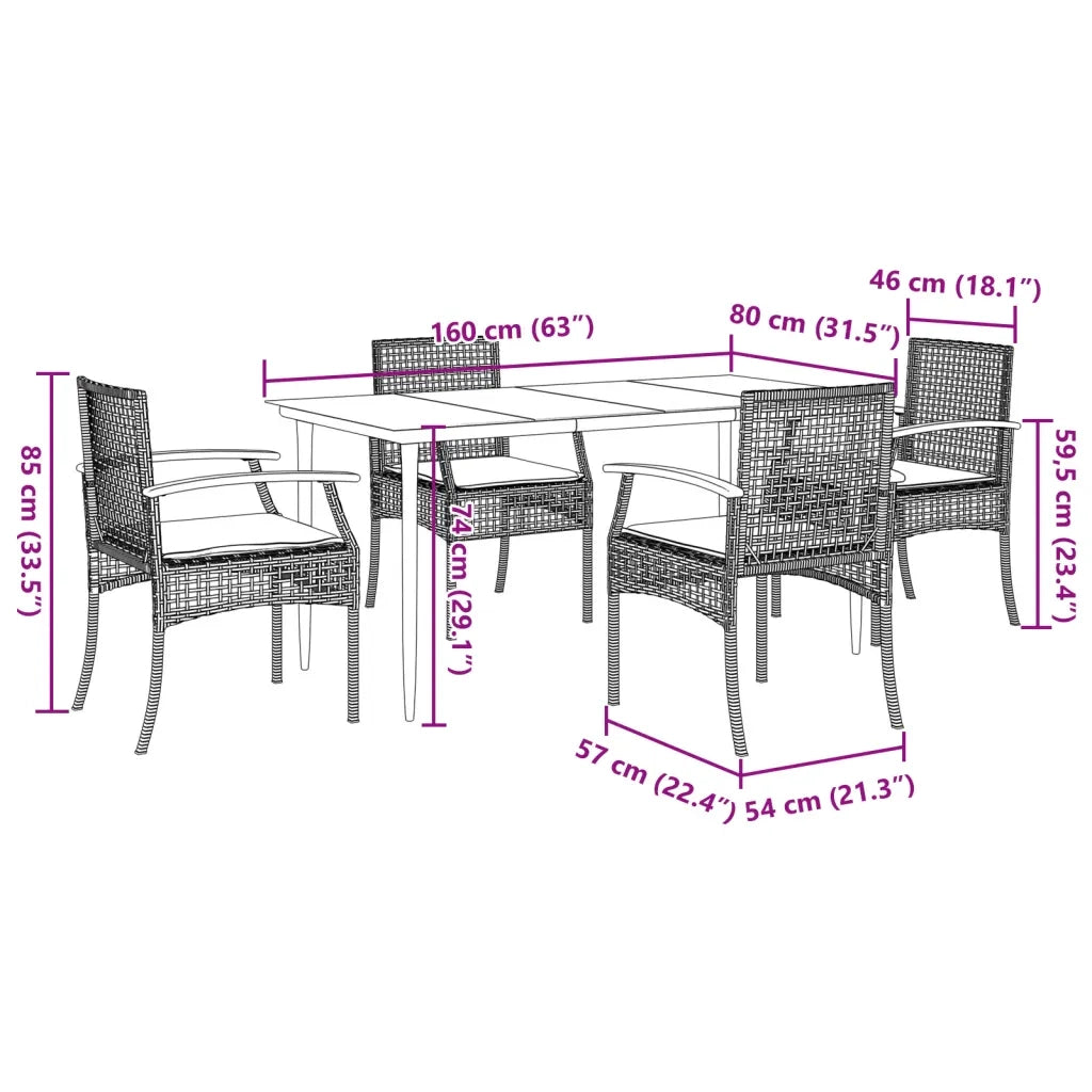 Set da Pranzo da Giardino 5 pz Nero con Cuscini in Polyrattan