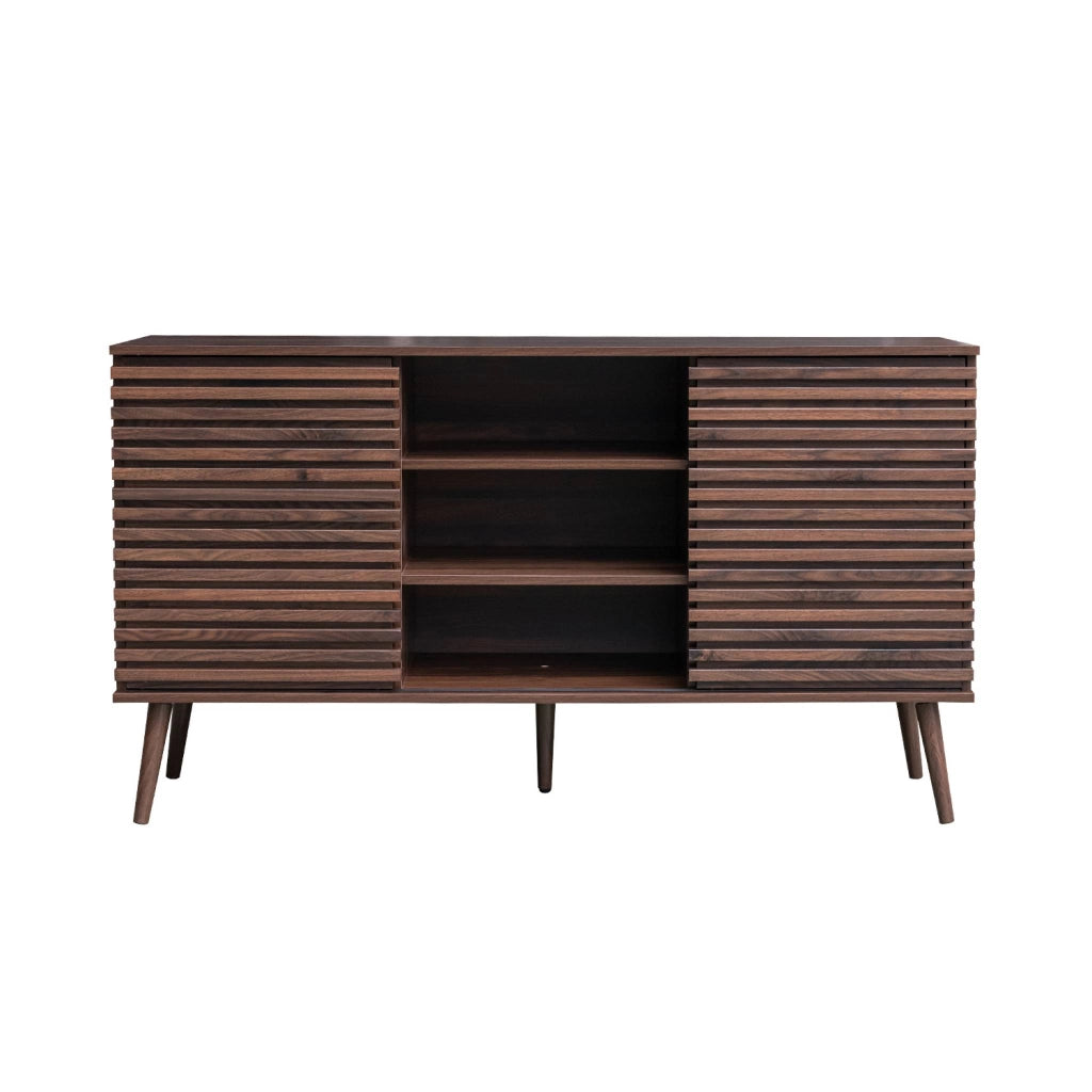 Credenza scandinava in legno con 2 ante scorrevoli scanalate, 140cm,