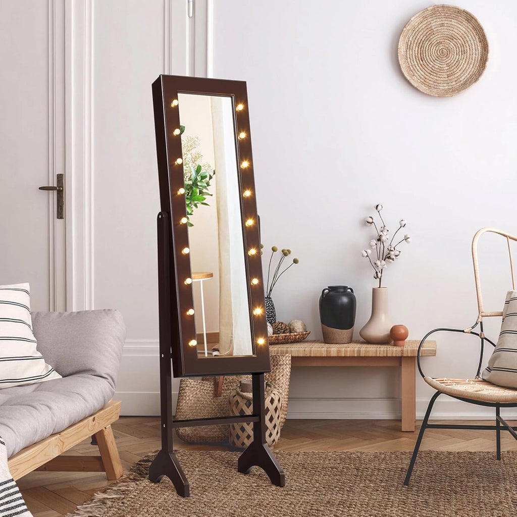 Portagioie Armadietto Specchiera con 18 Luci LED, Specchio a Figura Intera, Organizer per Gioielli Moderno Elegante, 145x35x31,5cm (Marrone)